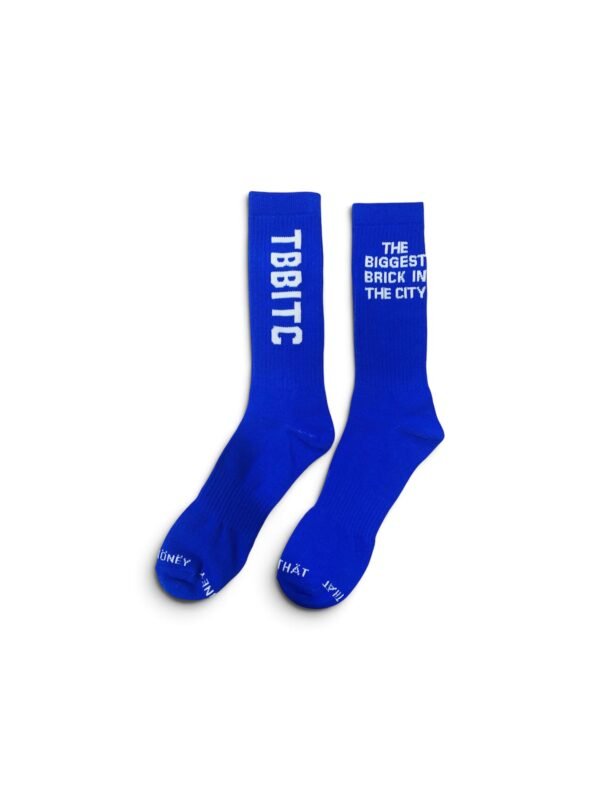 TBBITC crew socks in multiple colors with The Biggest Brick In The City branding.
